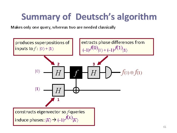 Summary of Deutsch’s algorithm Makes only one query, whereas two are needed classically extracts