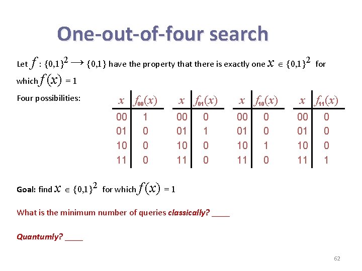 One-out-of-four search f : {0, 1}2 → {0, 1} have the property that there