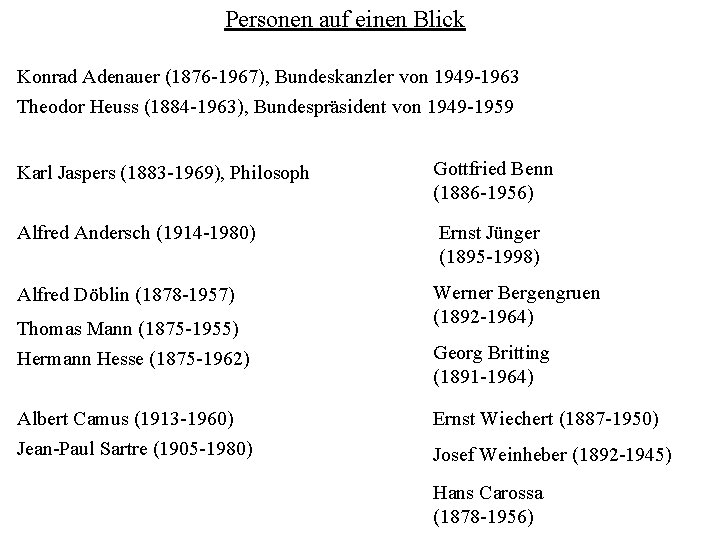 Personen auf einen Blick Konrad Adenauer (1876 -1967), Bundeskanzler von 1949 -1963 Theodor Heuss