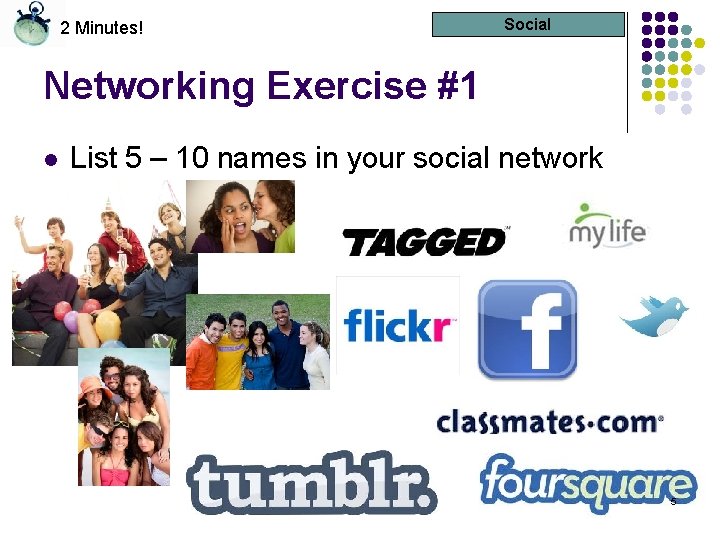 2 Minutes! Social Networking Exercise #1 l List 5 – 10 names in your