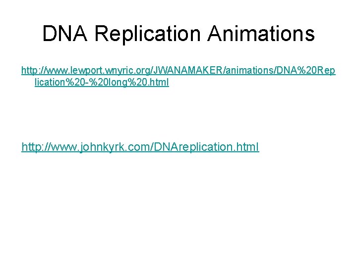 DNA Replication Animations http: //www. lewport. wnyric. org/JWANAMAKER/animations/DNA%20 Rep lication%20 -%20 long%20. html http: