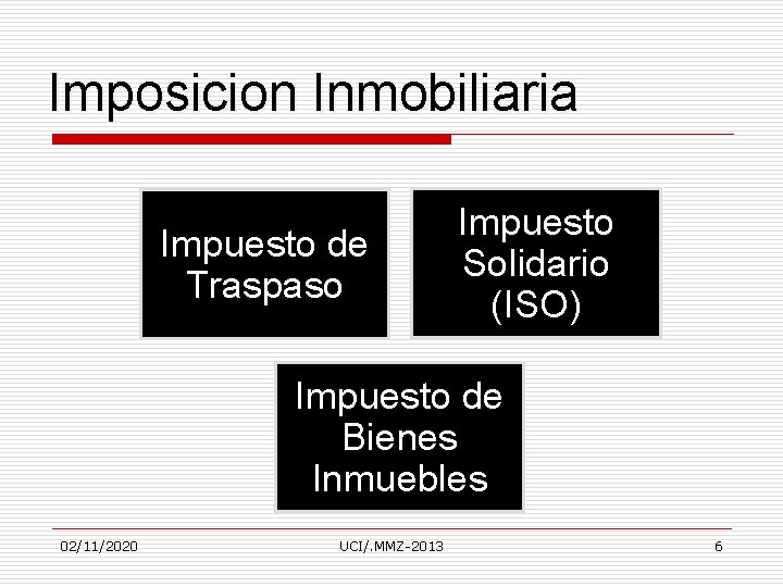 Imposicion Inmobiliaria Impuesto de Traspaso Impuesto Solidario (ISO) Impuesto de Bienes Inmuebles 02/11/2020 UCI/.