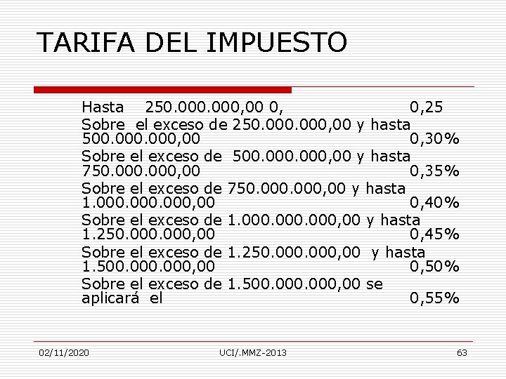 TARIFA DEL IMPUESTO Hasta 250. 000, 00 0, 25 Sobre el exceso de 250.