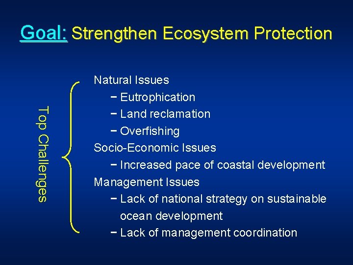 Goal: Strengthen Ecosystem Protection Top Challenges Natural Issues − Eutrophication − Land reclamation −