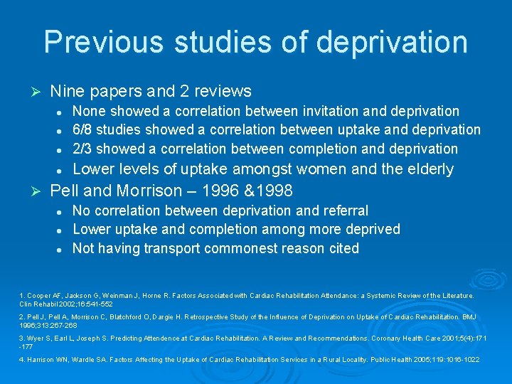 Previous studies of deprivation Ø Nine papers and 2 reviews l None showed a