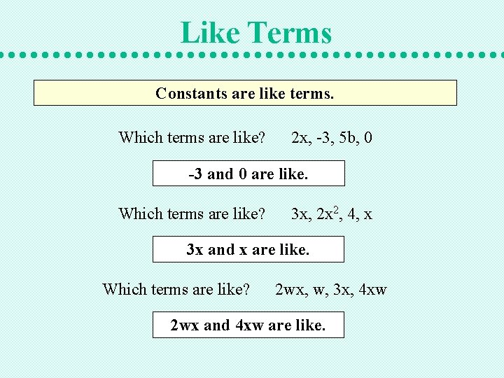 Like Terms Constants are like terms. Which terms are like? 2 x, -3, 5