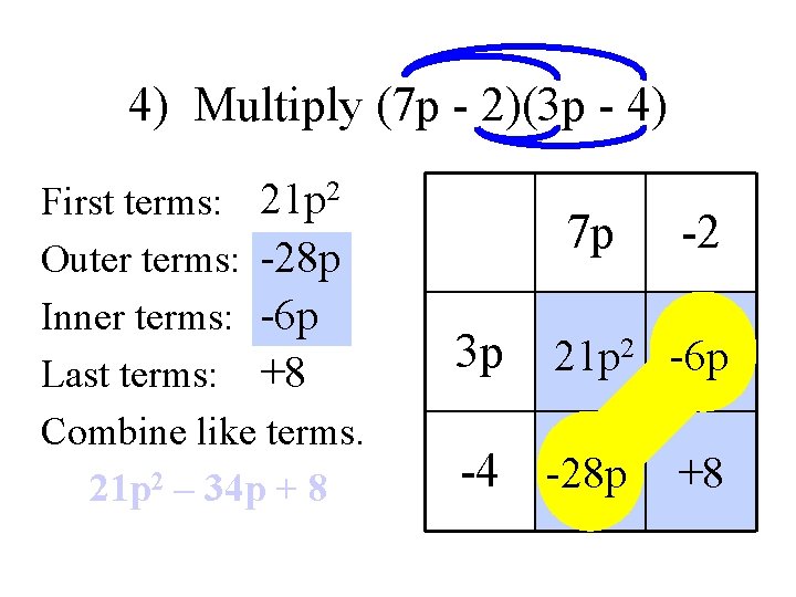 4) Multiply (7 p - 2)(3 p - 4) First terms: 21 p 2