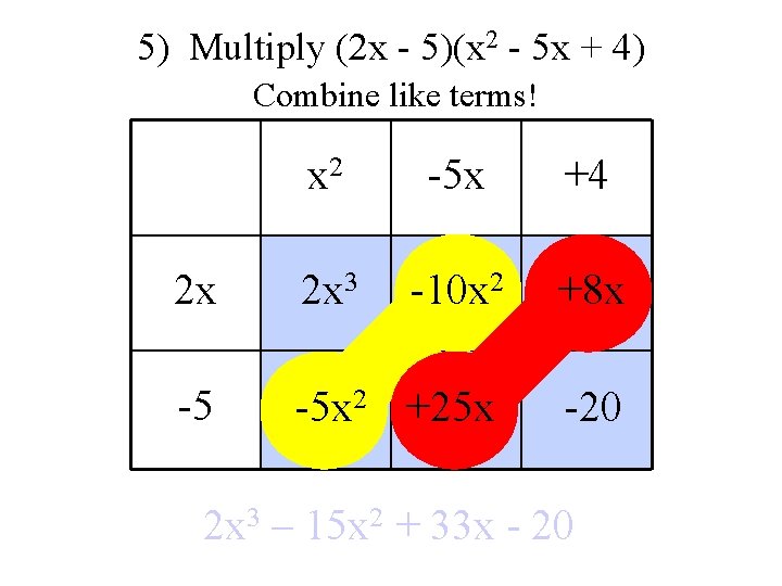 5) Multiply (2 x - 5)(x 2 - 5 x + 4) Combine like