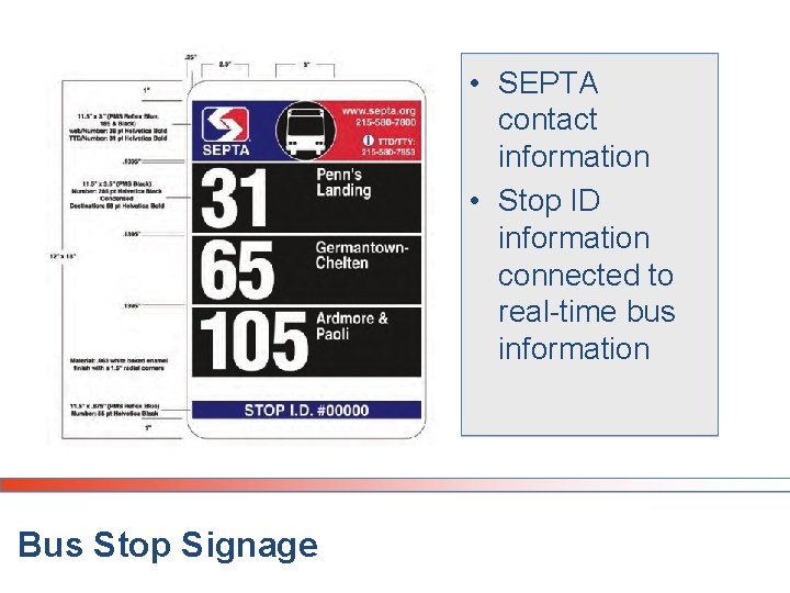 • SEPTA contact information • Stop ID information connected to real-time bus information • SEPTA contact information • Stop ID information connected to real-time bus information