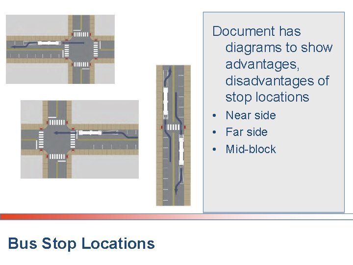 Document has diagrams to show advantages, disadvantages of stop locations • Near side • Document has diagrams to show advantages, disadvantages of stop locations • Near side •