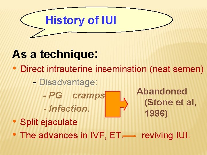 History of IUI As a technique: • Direct intrauterine insemination (neat semen) - Disadvantage: