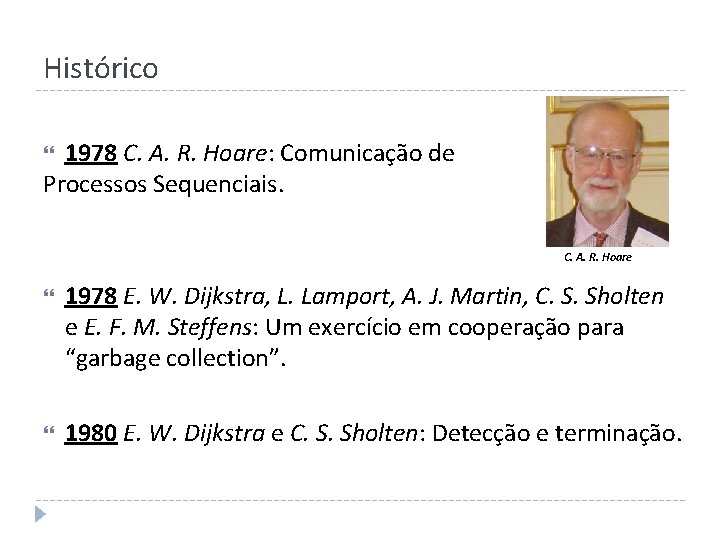 Histórico 1978 C. A. R. Hoare: Comunicação de Processos Sequenciais. C. A. R. Hoare