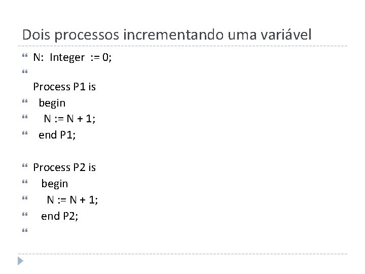 Dois processos incrementando uma variável N: Integer : = 0; Process P 1 is