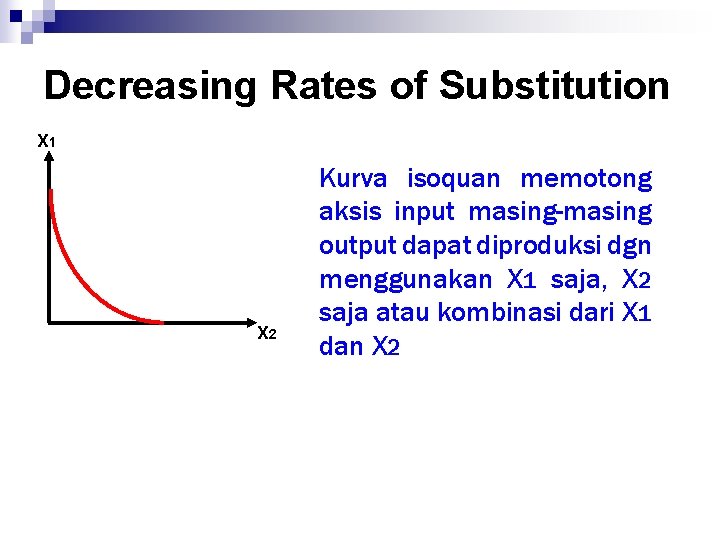 Decreasing Rates of Substitution X 1 X 2 Kurva isoquan memotong aksis input masing-masing
