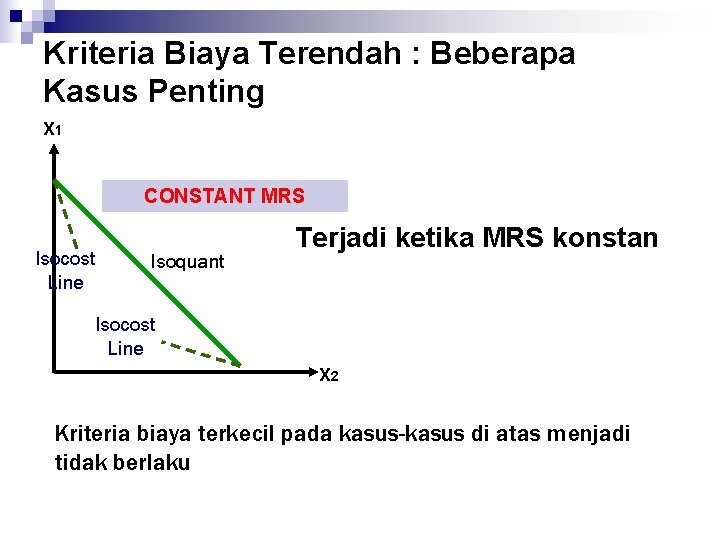 Kriteria Biaya Terendah : Beberapa Kasus Penting X 1 CONSTANT MRS Isocost Line Isoquant