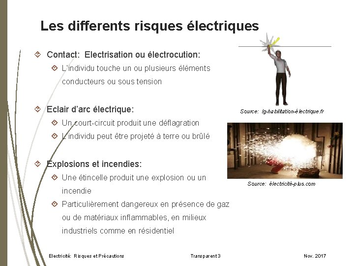 Les differents risques électriques Contact: Electrisation ou électrocution: L’individu touche un ou plusieurs éléments
