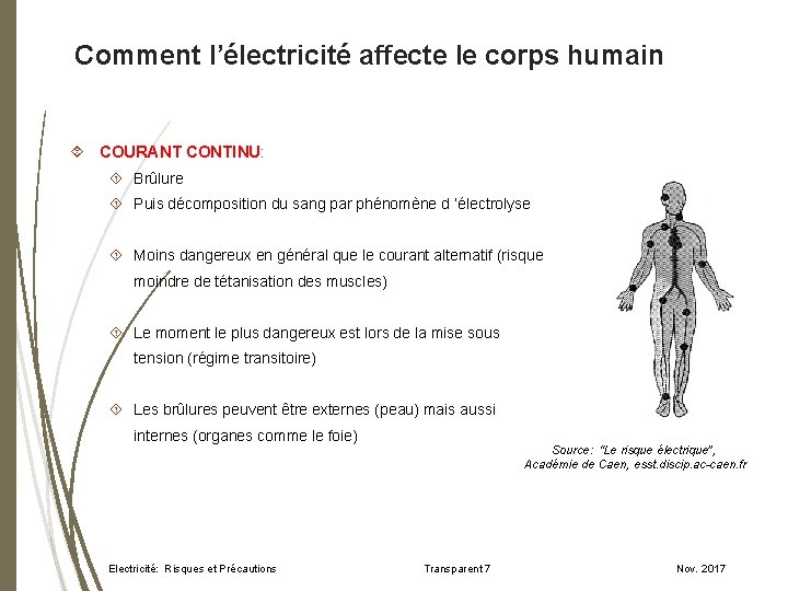 Comment l’électricité affecte le corps humain COURANT CONTINU: Brûlure Puis décomposition du sang par