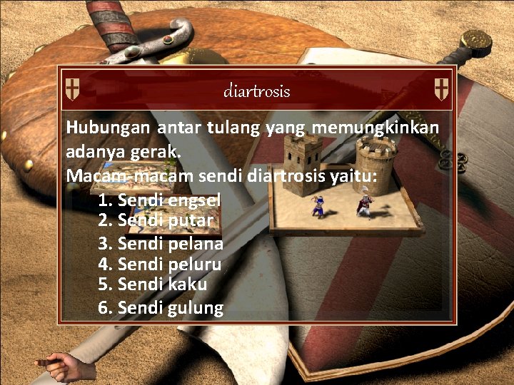 diartrosis Hubungan antar tulang yang memungkinkan adanya gerak. Macam-macam sendi diartrosis yaitu: 1. Sendi