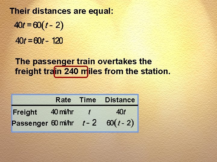 Their distances are equal: The passenger train overtakes the freight train 240 miles from