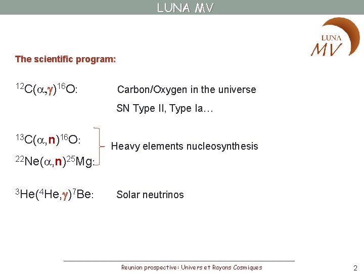 LUNA MV The scientific program: 12 C( , g)16 O: Carbon/Oxygen in the universe