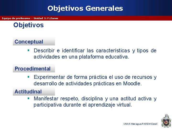 Objetivos Generales Equipo de profesores – Unidad 3: F. Llanes Objetivos Conceptual § Describir