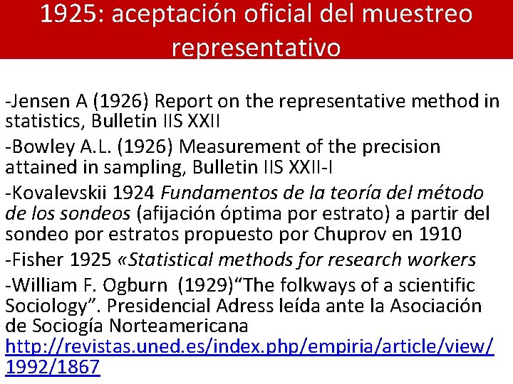 1925: aceptación oficial del muestreo representativo -Jensen A (1926) Report on the representative method