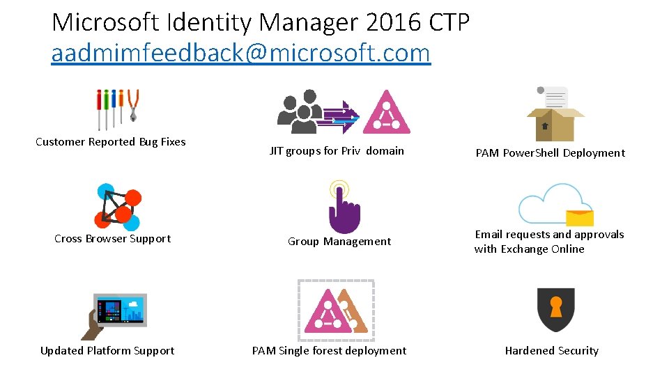 Microsoft Identity Manager 2016 CTP aadmimfeedback@microsoft. com Customer Reported Bug Fixes Cross Browser Support