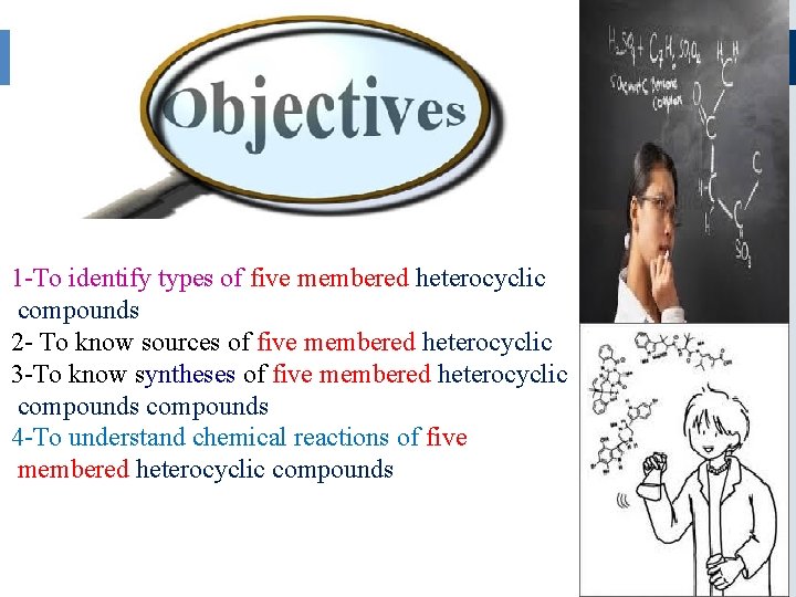 1 -To identify types of five membered heterocyclic compounds 2 - To know sources