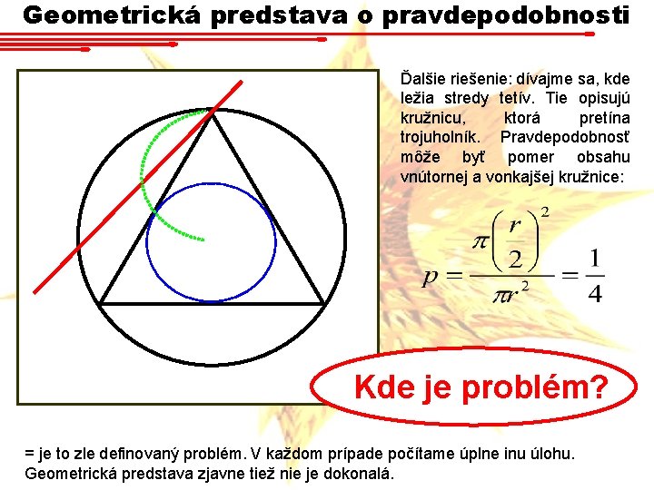 Geometrická predstava o pravdepodobnosti Ďalšie riešenie: dívajme sa, kde ležia stredy tetív. Tie opisujú