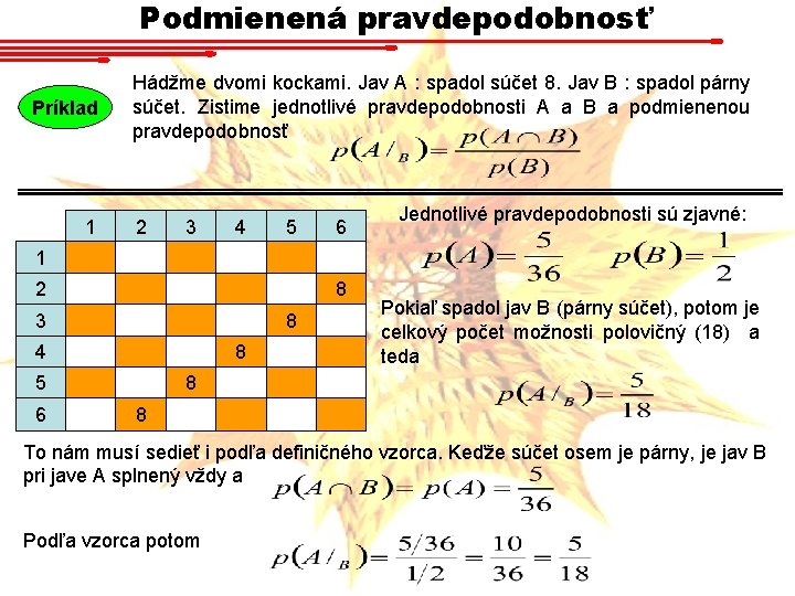 Podmienená pravdepodobnosť Príklad 1 Hádžme dvomi kockami. Jav A : spadol súčet 8. Jav