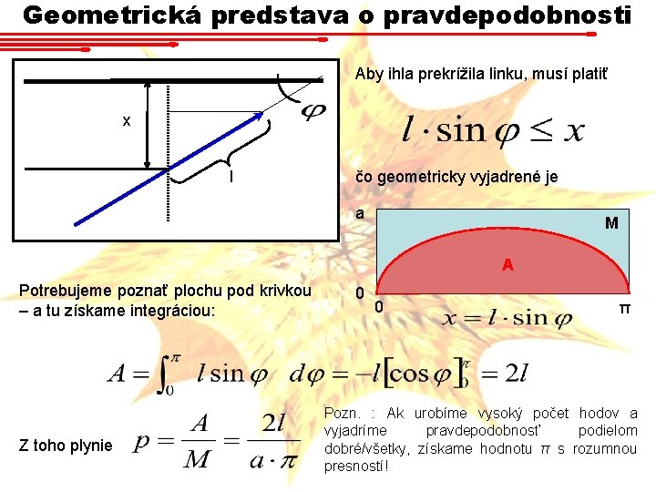 Geometrická predstava o pravdepodobnosti Aby ihla prekrížila linku, musí platiť x l čo geometricky