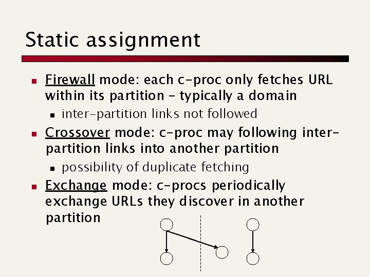 Static assignment n Firewall mode: each c-proc only fetches URL within its partition –
