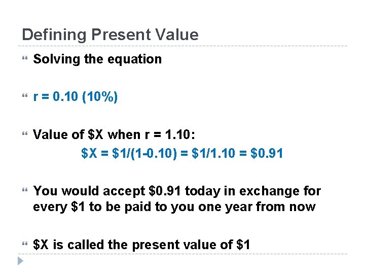 Defining Present Value Solving the equation r = 0. 10 (10%) Value of $X