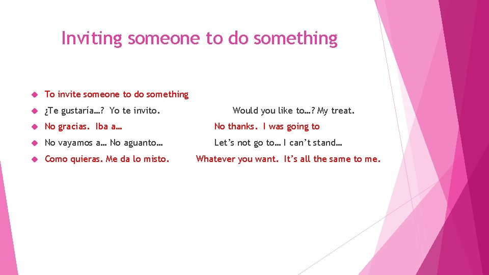 Inviting someone to do something To invite someone to do something ¿Te gustaría…? Yo