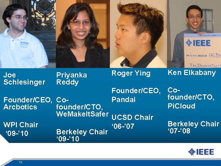 Joe Schlesinger Priyanka Reddy Roger Ying Founder/CEO, Cofounder/CTO, Pandai Pi. Cloud Founder/CEO, Co. Arcbotics
