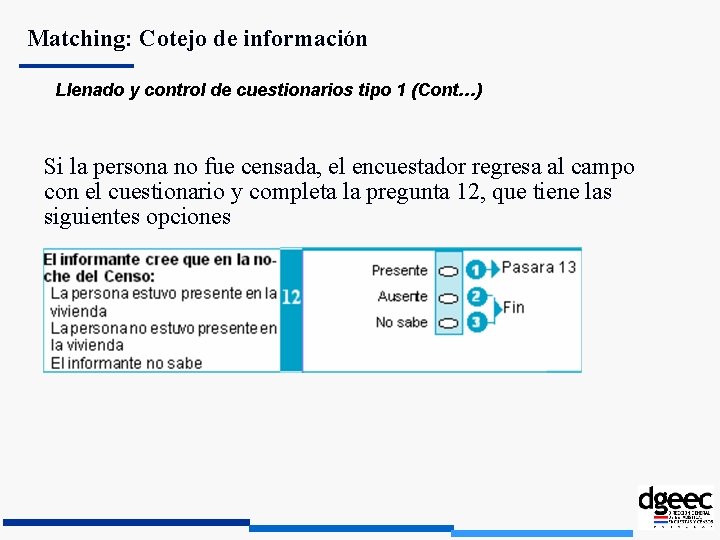 Matching: Cotejo de información Llenado y control de cuestionarios tipo 1 (Cont…) Si la