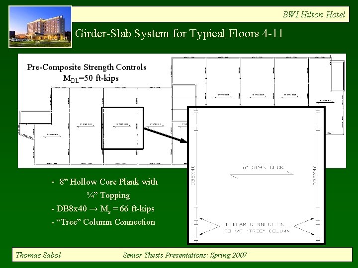 BWI Hilton Hotel Girder-Slab System for Typical Floors 4 -11 Pre-Composite Strength Controls MDL=50