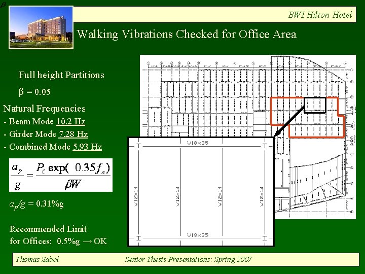 BWI Hilton Hotel Walking Vibrations Checked for Office Area Full height Partitions β =