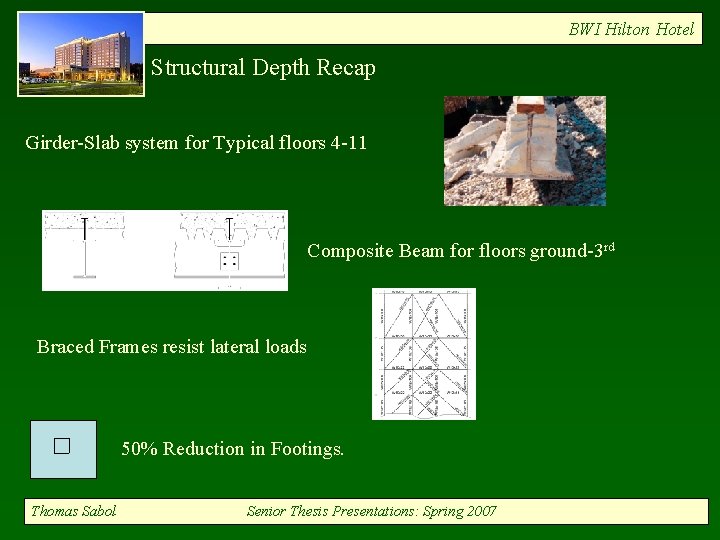 BWI Hilton Hotel Structural Depth Recap Girder-Slab system for Typical floors 4 -11 Composite