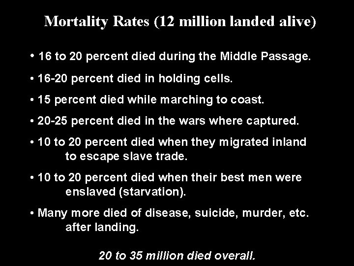 Mortality Rates (12 million landed alive) • 16 to 20 percent died during the