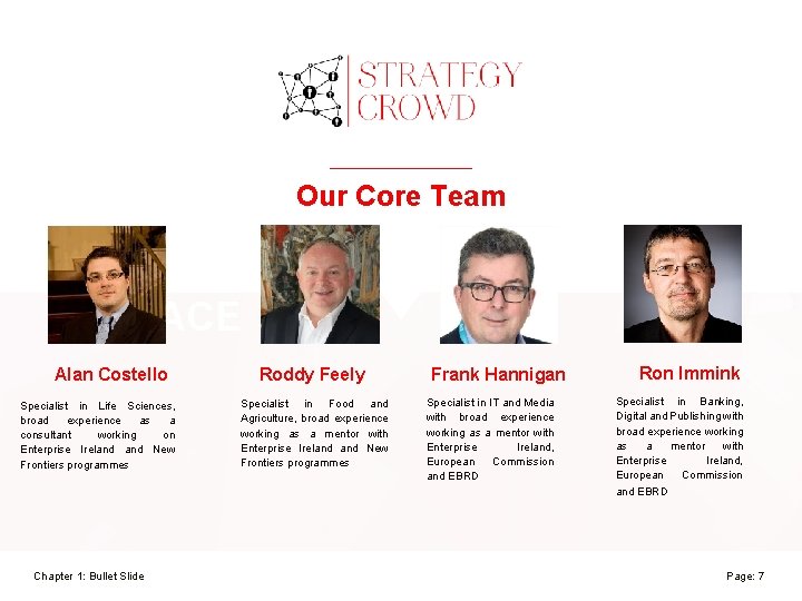 Our Core Team REPLACE Alan Costello Specialist in Life Sciences, broad experience as a