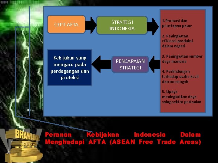 CEPT-AFTA STRATEGI INDONESIA 1. Promosi dan penetapan pasar 2. Peningkatan efisiensi produksi dalam negeri