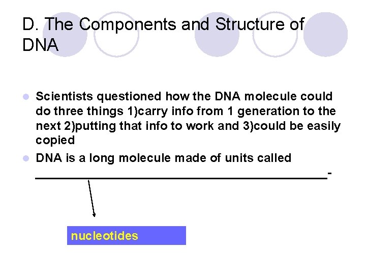 D. The Components and Structure of DNA Scientists questioned how the DNA molecule could