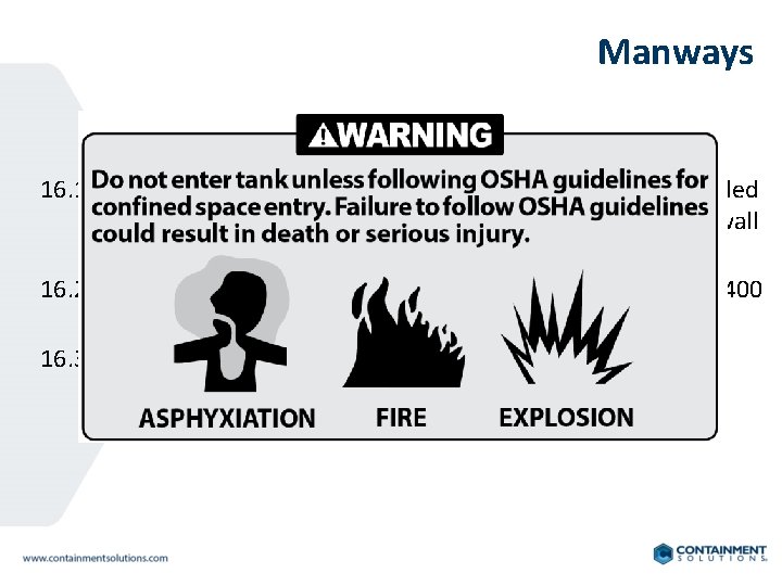 Manways 16. 1 The load bearing capacity for a standard 22” manway installed is