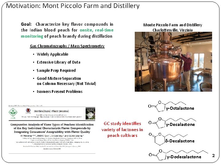 Motivation: Mont Piccolo Farm and Distillery Goal: Characterize key flavor compounds in the Indian