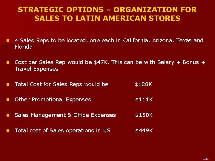 STRATEGIC OPTIONS – ORGANIZATION FOR SALES TO LATIN AMERICAN STORES n 4 Sales Reps