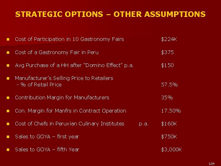STRATEGIC OPTIONS – OTHER ASSUMPTIONS n Cost of Participation in 10 Gastronomy Fairs $224