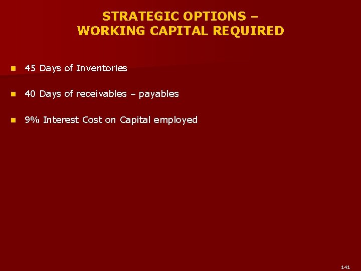 STRATEGIC OPTIONS – WORKING CAPITAL REQUIRED n 45 Days of Inventories n 40 Days