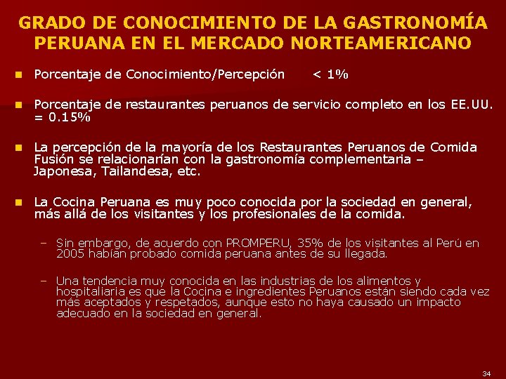 GRADO DE CONOCIMIENTO DE LA GASTRONOMÍA PERUANA EN EL MERCADO NORTEAMERICANO n Porcentaje de