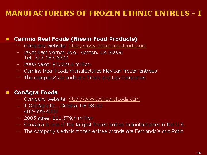 MANUFACTURERS OF FROZEN ETHNIC ENTREES - I n Camino Real Foods (Nissin Food Products)